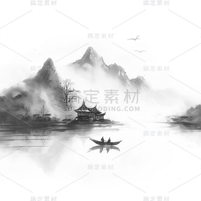中国风通用水墨山水场景组合元素素材