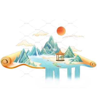 中国风通用卷轴山水建筑组合场景元素素材