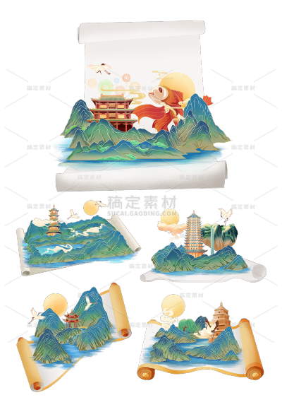 2309SC-素材组合-中国风-国潮园林画卷建筑元素