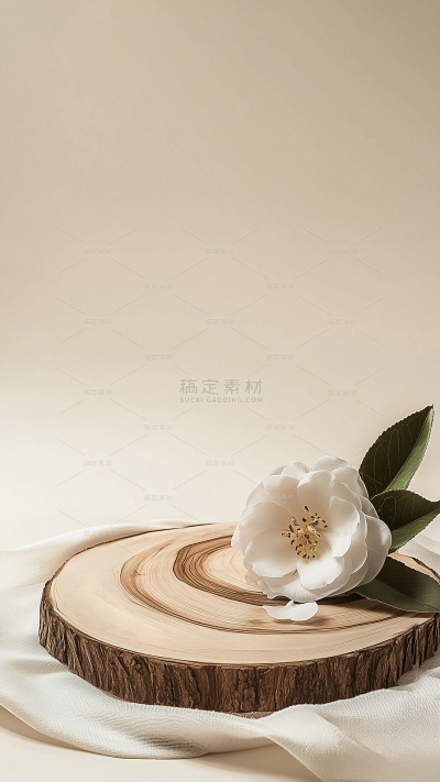 植物系列实景感山茶花和木纹展台背景