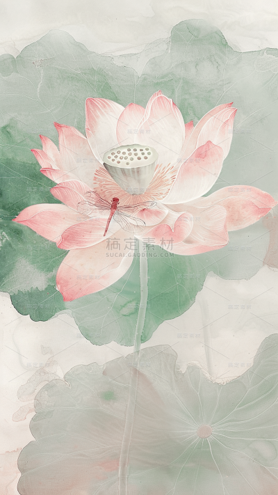 夏日中国风-荷花荷叶水墨晕染无描线工笔画图片背景