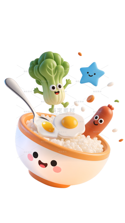 美食系列卡通感米饭青菜烤肠拟人元素