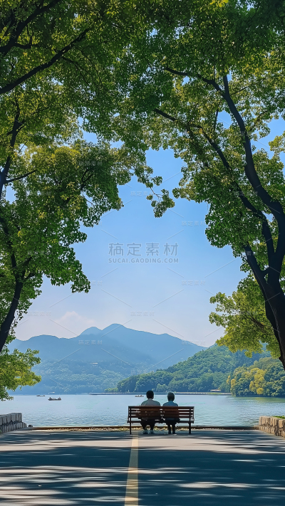 建筑系列通用公园人物长椅背影背景素材