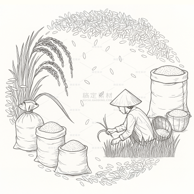 风光系列插画风农民插秧大米水稻线稿（td）