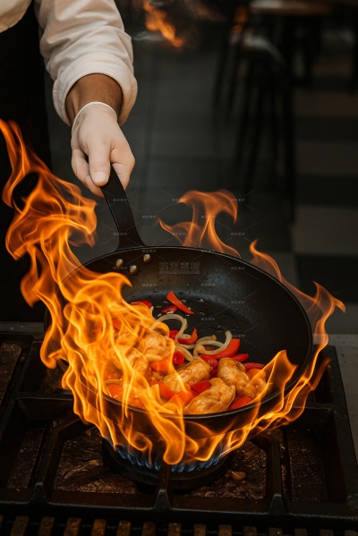 常规内容-美食系列写实辣椒炒肉颠勺冒火背景