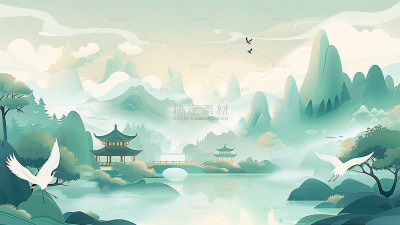 通用中国风中式国风山水场景背景素材