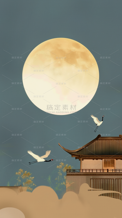 中式感树枝/建筑月亮背景图片
