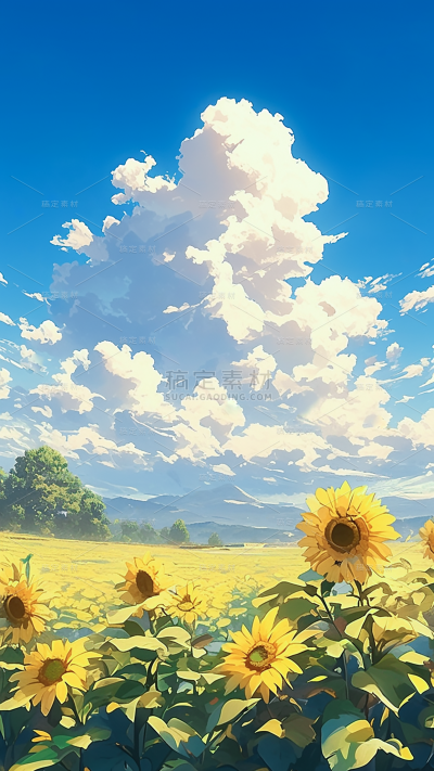 植物动漫风插画向日葵蓝天白云场景背景图片素材