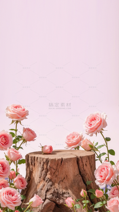 常规写实风粉色花朵树枝展台背景