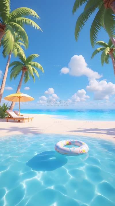 夏天软3D光感海边度假泳圈场景背景