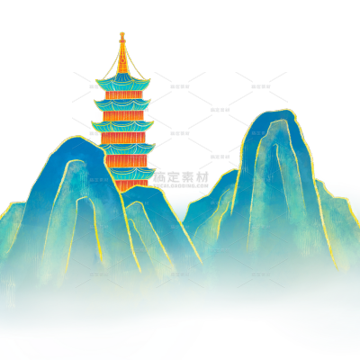 秋天肌理渐变青山建筑插画元素