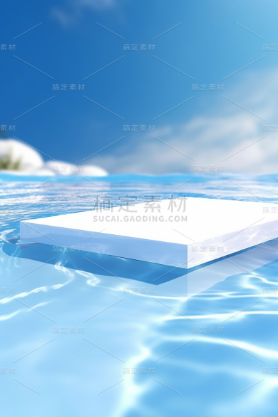 漂浮在水面上的白色大纸片，具有发光的三维物体、池心、高度抛光的表面、逼真的蓝天、环保的工艺、玻璃作为材料、直线形状
