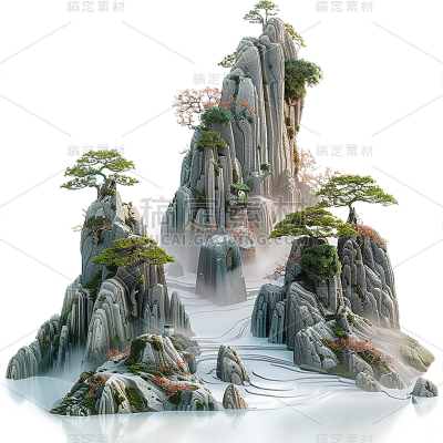 中国风通用立体山水场景组合元素素材