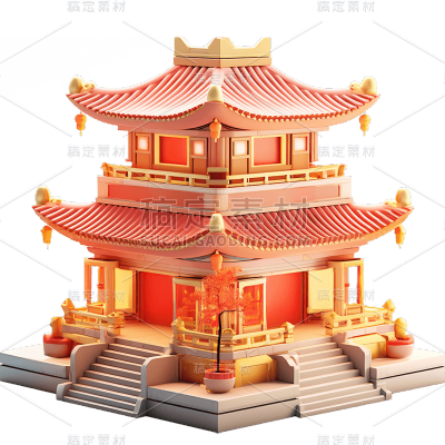 3D立体C4D元素中式中国风建筑亭子元素