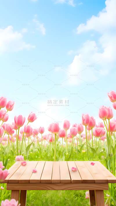 常规写实风粉色郁金香花海木桌背景