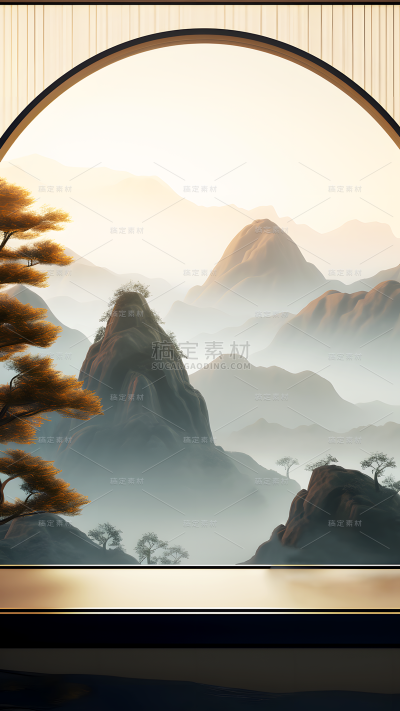 通用电商传统中国风中式自然山树场景背景