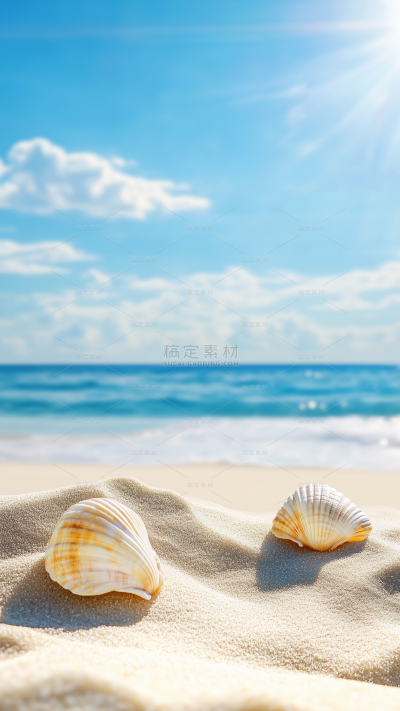 风光系列实景大海贝壳沙滩展台背景