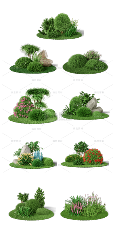 2309SC-素材组合-圆形绿草地花朵3D灌木丛元素