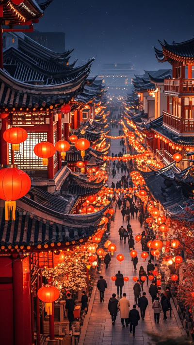 小年实景感手绘新年街道场景灯笼背景
