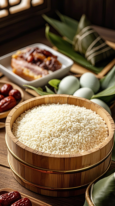端午节实景感粽子米粒粽叶食材背景