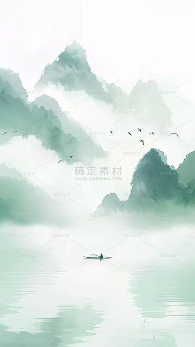 中国风通用春绿色古风山水云雾意境竖版图片素材