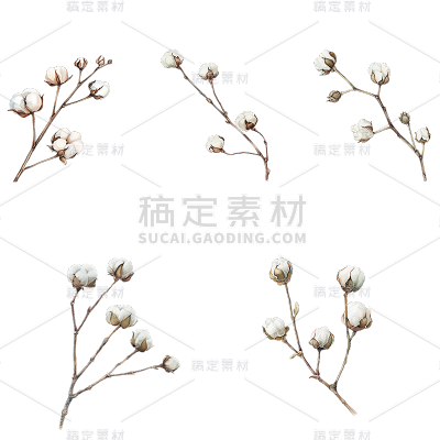 植物写实插画棉花元素素材组合合集
