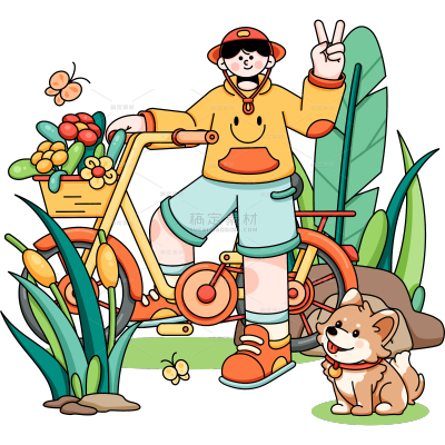 春天春季粗描边扁平风春游人物贴纸元素素材