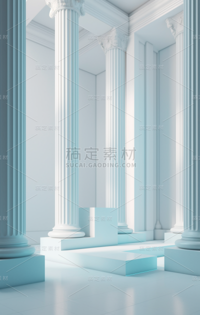 房间里白色起居空间的3d背景，浅靛蓝，基于雕塑圆柱的摄影