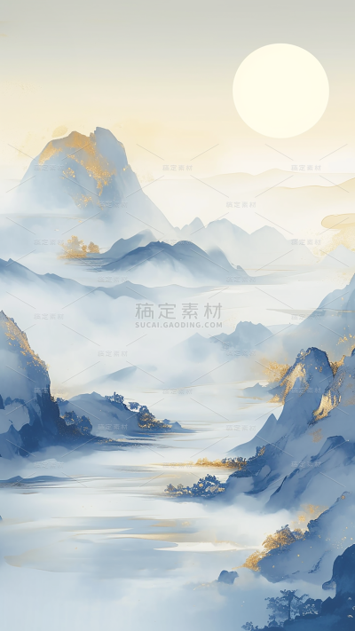 中国风系列青蓝色鎏金水墨山水背景通用背景素材