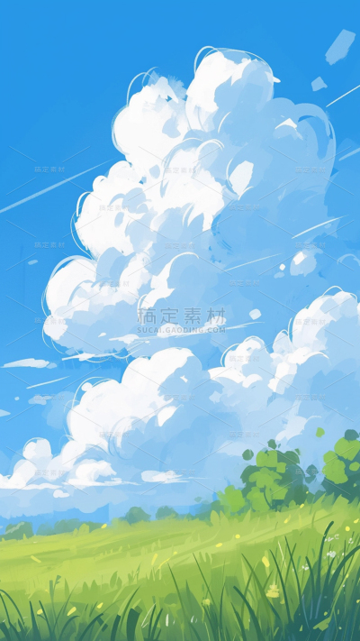 风光通用插画动漫风天空草地场景背景图片素材