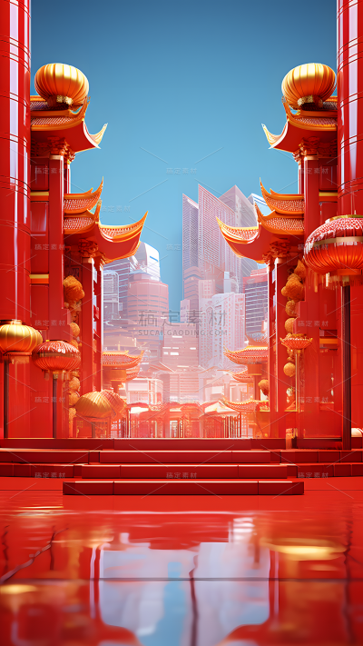 618双十一双11双十二双12电商活动促销感3D中国风中式红色古建筑街景场景背景