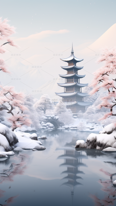 冬季冬天通用插画中国风自然山水积雪场景背景