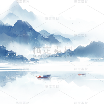 中国风通用蓝色水墨山水组合元素素材