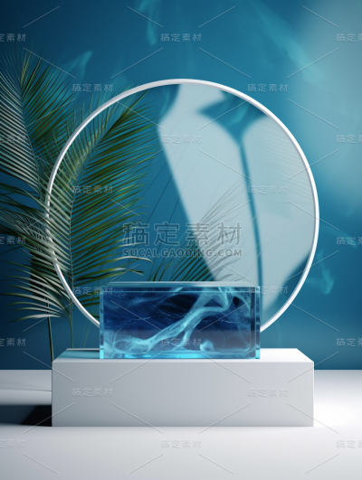 3D背景，方形大理石，圆形玻璃框架和蓝色背景，棕榈叶，3D渲染