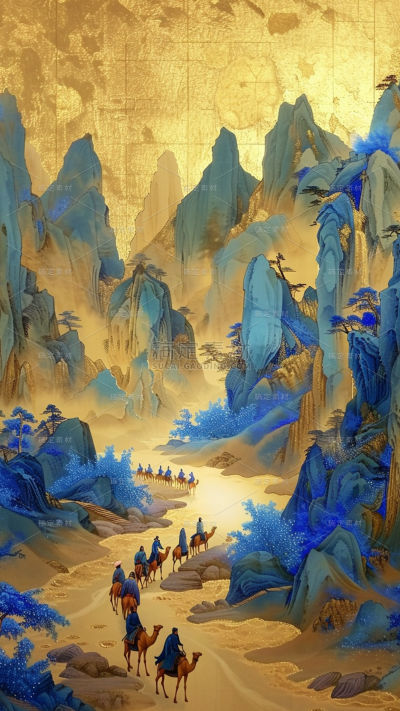 中国风新中式鎏金山水背景素材