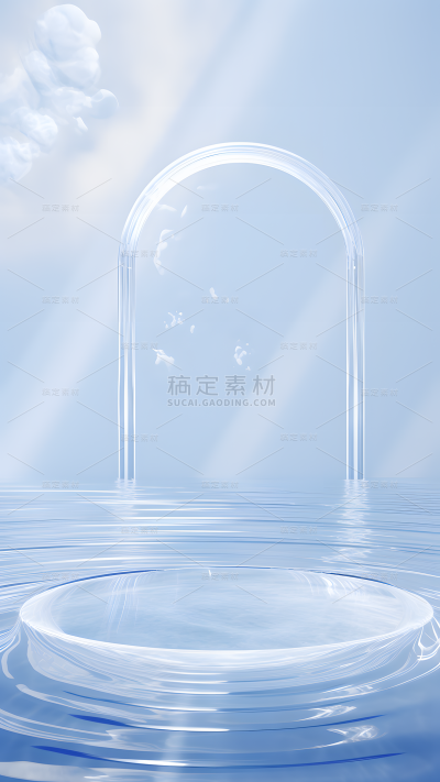 通用电商简约透明玻璃感蓝色水面展台场景背景