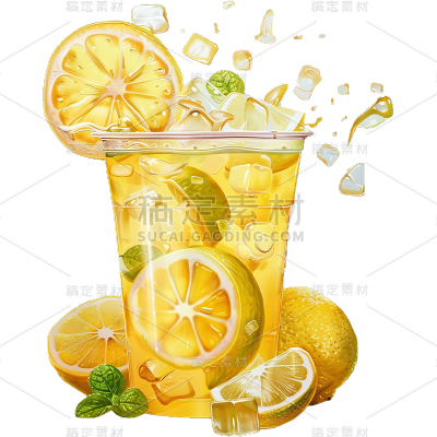 夏季果蔬系列黄色绿色写实柠檬茶通用元素素材
