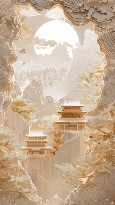 中秋节通用剪纸建筑背景图片