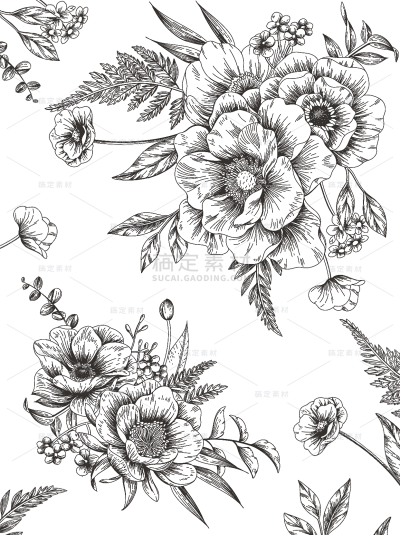 常规通用黑色白描风花卉植物背景素材