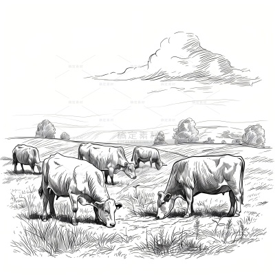 动物系列插画风牛吃草农场云朵线稿（td）