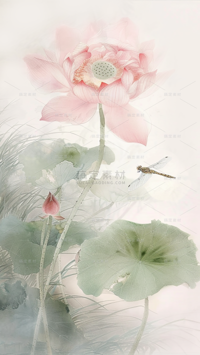 夏日中国风-荷花荷叶水墨晕染无描线工笔画图片背景