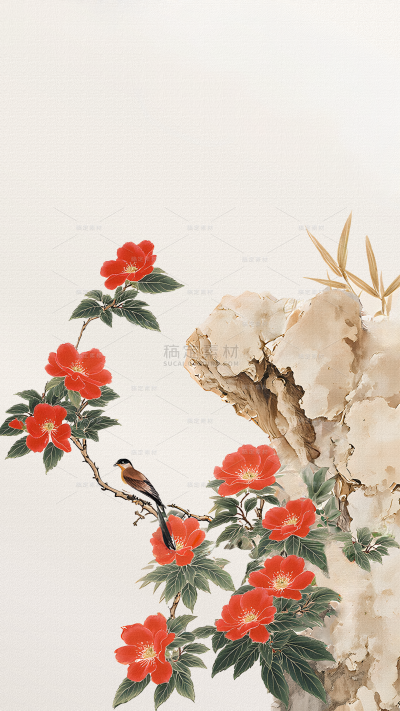 植物系列中国风工笔画山花花鸟假山宣纸背景