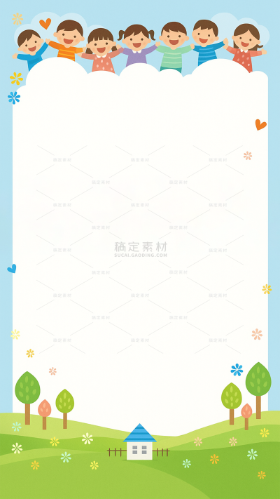 背景系列手绘可爱小人草坪房子插画边框背景（td）