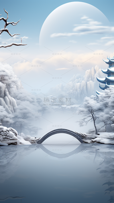 冬季冬天通用插画中国风中式古桥自然山水积雪场景背景