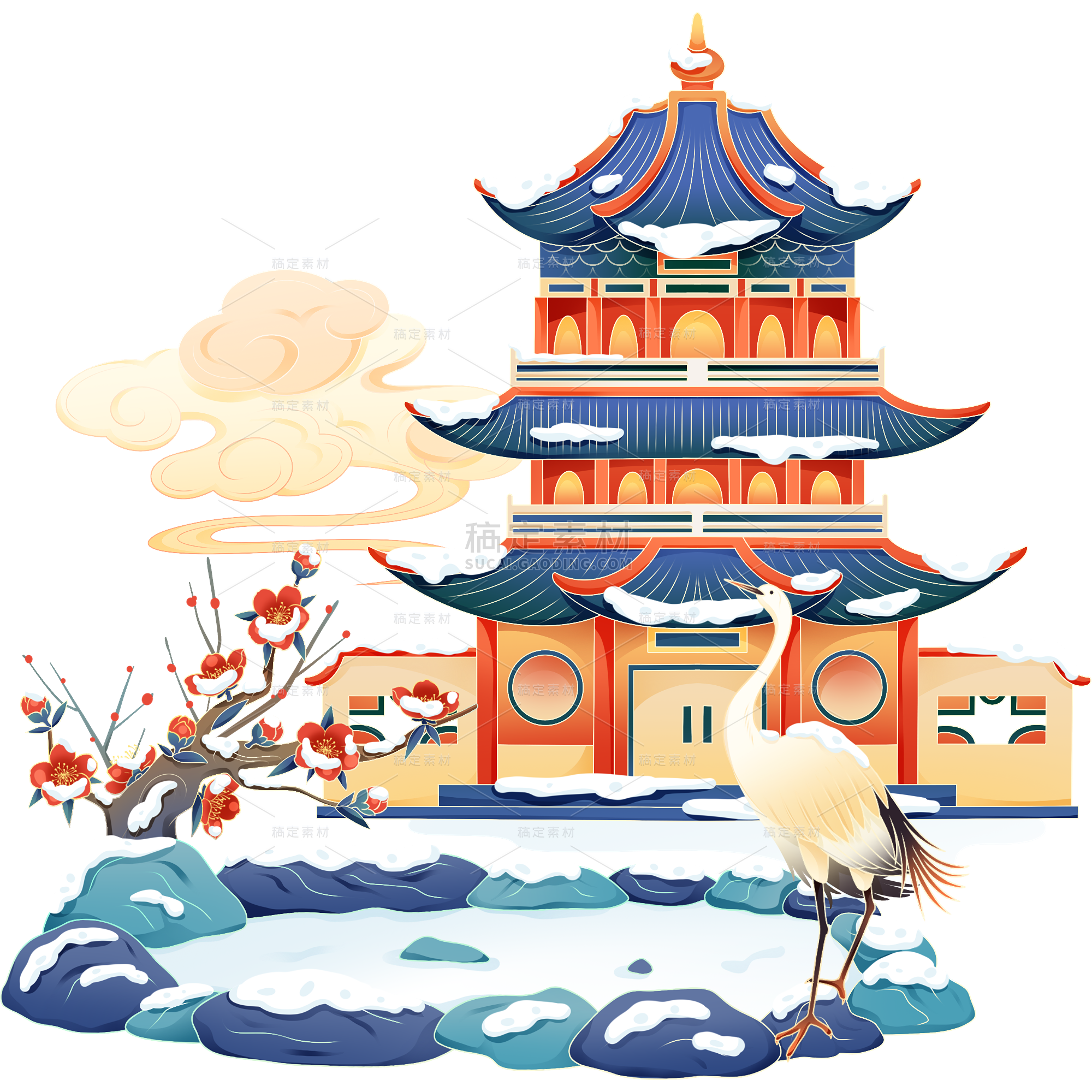 传统节气小雪大雪冬天冬季中国风国潮建筑场景元素