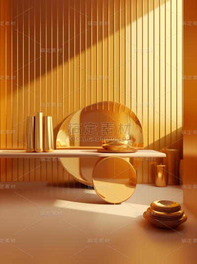 白色桌子上的金黄色盘子，3D背景渲染