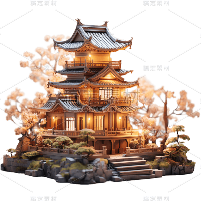 3D立体C4D元素中式中国风建筑亭子元素