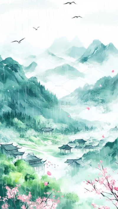 清明节国风水彩山林建筑燕子组合背景
