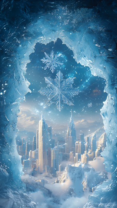 冬季节气合成冰洞雪花城市背景