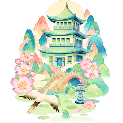 春天春季春日幻彩国潮风中式建筑山水场景组合元素素材